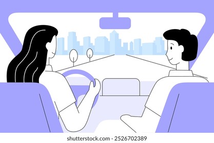 Homem e mulher andando de carro. Interior de auto plano. Pessoa condução feminina. Ilustração de vetor plano.