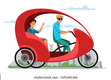 Man and woman riding eco-friendly cycle rickshaw bicycle with roof. Eco transpiration. Cartoon people characters. Bike taxi, velotaxi, human powered pedicab, carry bikecab. Vector flat illustration