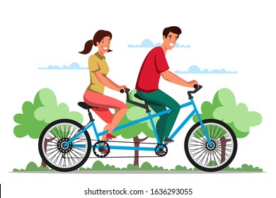 Man and woman riding eco-friendly tandem bicycle. Young couple walking, enjoying sports, travelling. Family or friends cycling together. Pollution free transport. Vector flat cartoon illustration