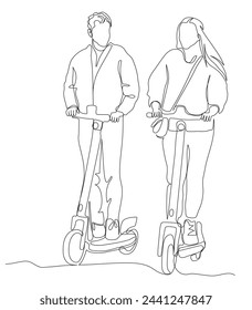 Man and woman riding electric scooters. Couple dating. Continuoua line drawing. Black and white vector illustration in line art style.