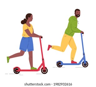 Man and woman riding electric walk scooters. Couple driving e-scooters together. Alternative modern eco urban transport, healthy lifestyle. Flat vector illustration isolated on white background 