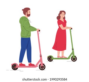 Man and woman riding electric walk scooters. Couple driving e-scooters together. Alternative modern eco urban transport, healthy lifestyle. Flat vector illustration isolated on white background 