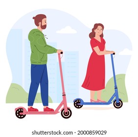 Man and woman riding electric walk scooters. Couple driving e-scooters together. Alternative modern eco urban transport, healthy lifestyle. Flat vector illustration isolated on white background 