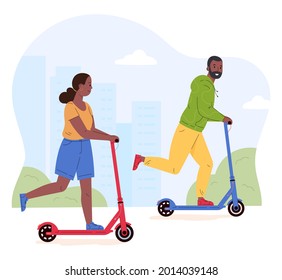 Man and woman riding electric walk scooters. Couple driving e-scooters together. Alternative modern eco urban transport, healthy lifestyle. Flat vector illustration isolated on white background.