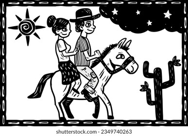 Man and woman riding horseback in a backcountry setting. woodcut style and cordel literature