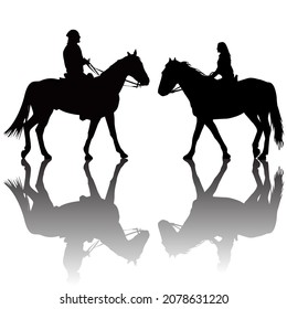 Man and woman riding horses silhouettes with shadows