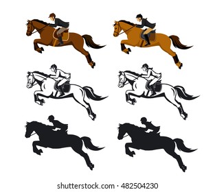 Man and Woman Riding Jumping Horse Set in Color, SIlhouette and Contour. Isolated Vector Illustration