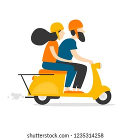 Man and woman riding a moped. Flat style vector illustration.