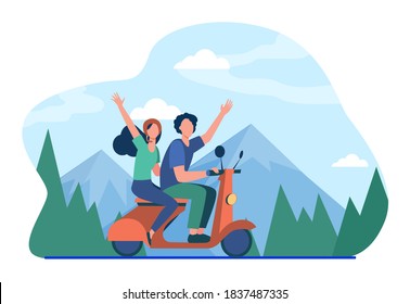 Man and woman riding moped in mountains. Forest, nature. Flat vector illustration. Traveling concept can be used for presentations, banner, website design, landing web page