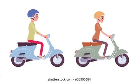 Man and woman riding a motorized scooter, wearing helmet, having great fun together, adventure and fast city service, vector flat style cartoon illustration, isolated on white background, side view