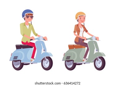 Man and woman riding motorized scooters away from daily routine to spend days full of adventure, wearing helmets, compact and cheap, vector flat style cartoon illustration, isolated, white background