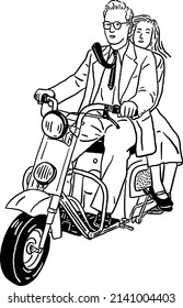 Man   woman riding scooter  A Couple lifestyle Hand drawn line art Illustration	