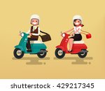 Man and woman riding on their motorbikes. Vector illustration of a flat design