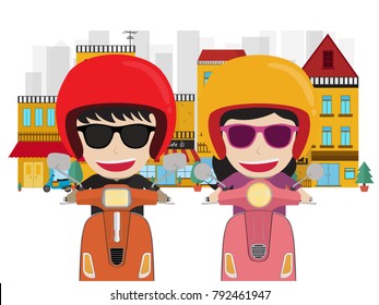 Man and woman riding on their scooter. Vector
