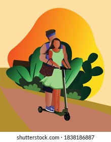 
Man and woman riding on two wheel kick scooter. Happy couple on bicycle in park with green bushes and yellow sunlight background. Flat vector illustration.
