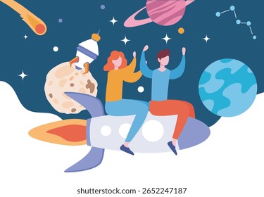 A man and woman riding a rocket through outer space with planets, stars, and asteroids around them in a playful cartoon style on a dark space background. Vector illustration