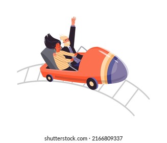 Atracción de montaña de roller para hombre y mujer en parque de atracciones, ilustración vectorial plana aislada en fondo blanco. Carreteras de montaña rusa con gente en camioneta.