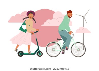 Man and Woman Riding Scooter and Bicycle as Ecology and Planet Care Vector Illustration