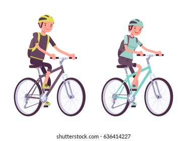 Man and woman riding sport bikes, wearing safe helmets and backpacks, fitness and fun, active weekend, exploring outdoors, vector flat style cartoon illustration, isolated on white background