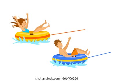 man and woman riding tube  extreme summer beach vacation holidays sport fun activity. isolated