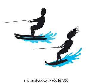 man and woman riding waterski and wakeboard silhouette isolated  vector illustration