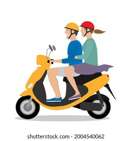 Man and woman riding yellow  motor scooter. Couple on moped. Flat style. Isolated vector illustration 