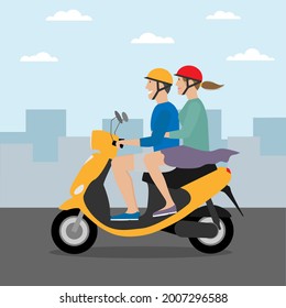 Man and woman riding yellow motor scooter in the city. Couple on moped. Flat style. Urban vehicle . Vector illustration