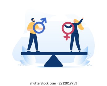 Man And Woman Rights Of Treat Equally. Transgender And Different Genders Rights. Gender Equality, Equal Treatment In Society And Business. Balance On A Swing Male And Female Equal Opportunities. Fair