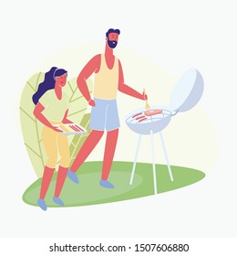 Man and Woman Roast Sausages And Barbecue Meat. Vector Illustration. Family Barbecue. Talk with Relatives House. Make Gifts. Family on Picnic. Park Area. Bearded Man Turning Meat on Grill.