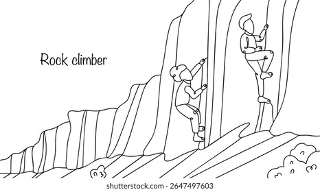 Um homem e uma mulher estão escalando. Eles estão subindo um penhasco íngreme usando sua própria força e resistência. Uma simples ilustração em linha preta sobre o tema de esportes e natureza. Vetor.
