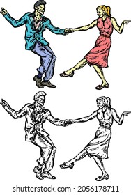 Man and woman rock and roll dancing duet. Hand drawn vector illustration.