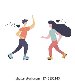 Man and woman roller blading, going to meet each other. Date, love, sport. Flat illustration.