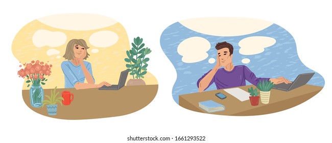 Man and woman romantic chat. Thinking about each other. People feelings. Internet dating or friendship. Young boy and girl sitting at the desk. Bubble thoughts around. Vector illustration concept