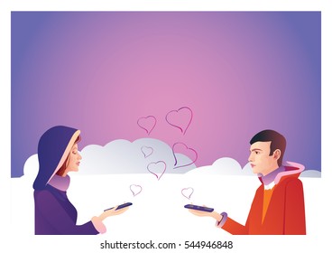 Man and woman romantic chatting on line on social network with smart phone
