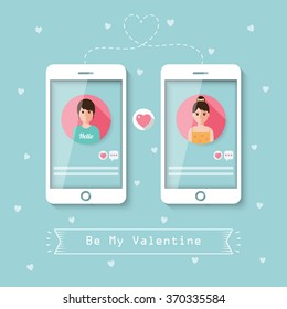 Man and woman romantic chatting online on social network with smartphone. Flat design people characters.