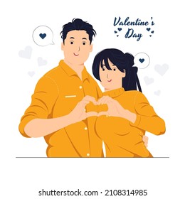 a man and a woman, romantic couple showing heart with two hands, love sign, heart shape while celebrating Saint Valentine's Day concept illustration
