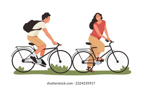 Man and woman - romantic dates of a couple. The couple ride bicycles. Flat cartoon colorful vector illustration