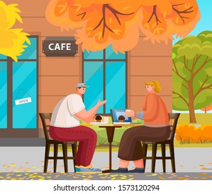 Man and woman romantic day in cafe. Couple sitting on terrace with cup of hot beverage and brownie. Leisure of male and female in coffeehouse outdoor. Autumn view and exterior of restaurant vector