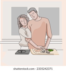 Man and Woman romantic in the kitchen cooking smiling family preparing, serving food together