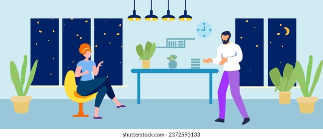A man and a woman in a room with a window. Friendly conversation. Interior, room. Evening, stars, moon. Vector illustration.