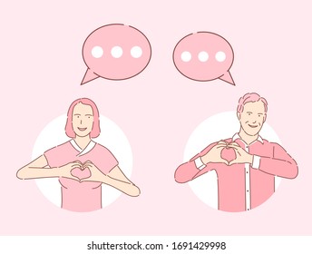 Man and woman in round frames showing heart with hands and exchanging messages vector cartoon outline illustration. People in love talking and chatting with communication speech bubbles.