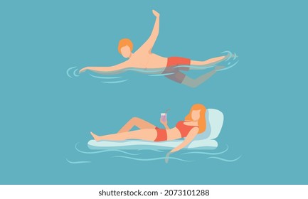 Man and Woman with Rubber Mattress Floating in Blue Sea Water Vector Set