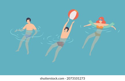 Man And Woman With Rubber Pool Noodle And Ball Floating In Blue Sea Water Vector Set