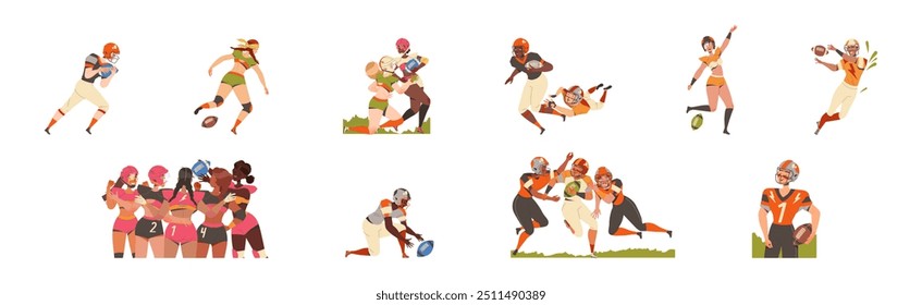 Man and Woman Rugby Player Playing American Football Game Running with Oval Ball Vector Set