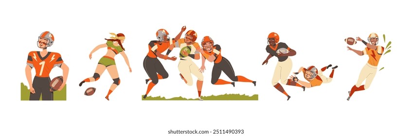 Man and Woman Rugby Player Playing American Football Game Running with Oval Ball Vector Set