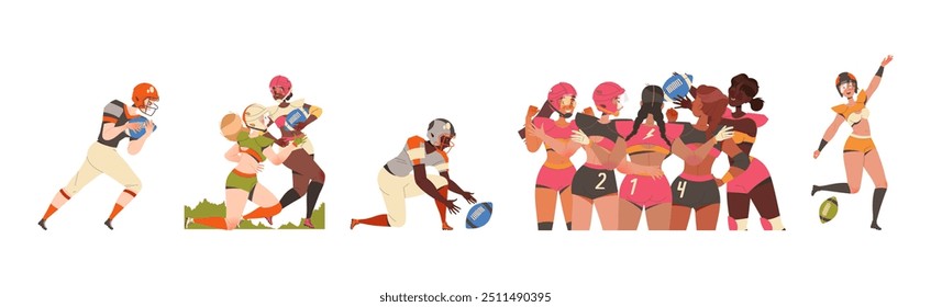 Man and Woman Rugby Player Playing American Football Game Running with Oval Ball Vector Set