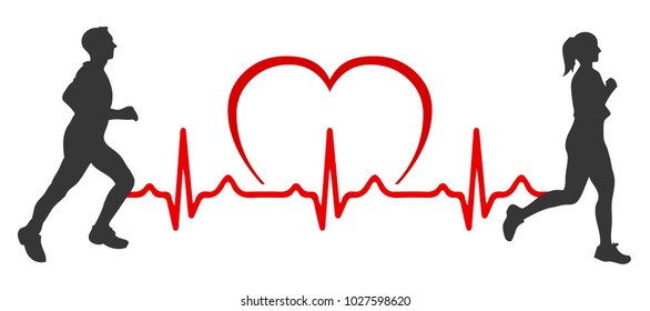 Man and woman run, heart pulse, one line - stock vector