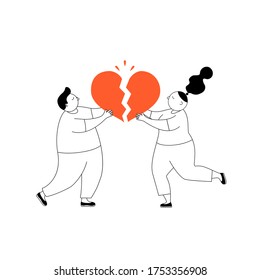 A man and a woman run to meet each other with the halves of their hearts in their hands.A couple in love want to restore their relationship.Vector illustration in flat style.