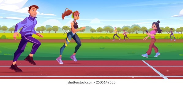 Hombre y mujer corren en la pista del estadio en el Vector del parque. Línea de maratón deportivo para competición de corredores. Personas de entrenamiento sobre fondo de dibujos animados de arena de pista de carreras. Ilustración de concurso de sprint olímpico al aire libre