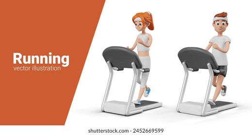 Man and woman run on treadmill. Vector characters doing sports indoors